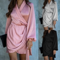 Sexy V-neck Lantern Sleeve Solid Color Lace-up Dress