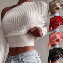 Sexy Obique Shoulder Long Sleeve Solid Color Knit Crop Top