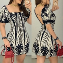 Sexy Backless Square Collar Short Sleeve Sim Fit Printed Dress