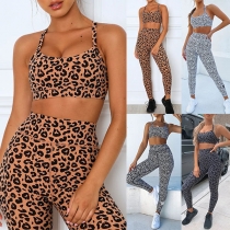 Sexy Leopard Printed Backless Sling Crop Top + Pants Two-piece Set