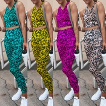 Sexy Leopard Printed Sleeveless Top + Pants Two-piece Set