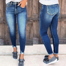 Fashion High Waist Slim Fit Frayed Hem Jeans