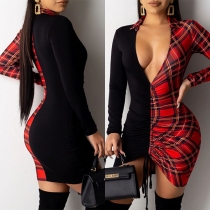 Sexy Deep V-neck Long Sleeve Plaid Spliced Tight Dress