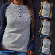 Fashion Contrast Color Long Sleeve Round Neck Knit Top