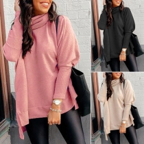 Fashion Solid Color Slit Hem Cowl Neck Loose Knit Top