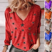 Fashion Long Sleeve V-neck Star Printed T-shirt