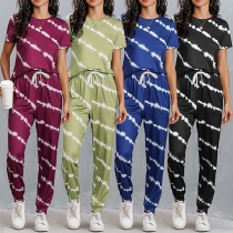 Fashion Short Sleeve Round Neck Tie-dye Printed T-shirt + Pants Two-piece Set