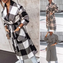 Fashion Long Sleeve Lapel Plaid Woolen Coat