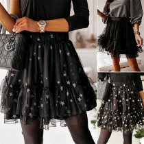 Fashion High Waist Gauze Spliced Hem Star Printed Skirt