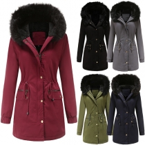 Fashion Solid Color Long Sleeve Hooded Plush Lining Padded Coat