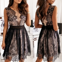 Sexy Lace Spliced Sleeveless Round Neck High Waist Dress