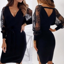 Sexy Lace Spliced Long Sleeve V-neck Slim Fit Dress