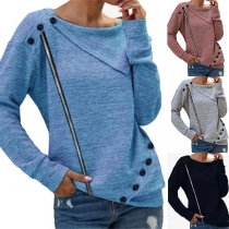 Fashion Solid Color Long Sleeve Oblique Collar Button T-shirt