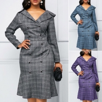 Fashion Long Sleeve POLO Collar High Waist Plaid Dress