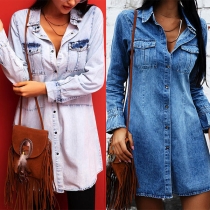 Fashion Long Sleeve POLO Collar Single-breasted Denim Dress