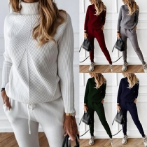 Fashion Solid Color Long Sleeve Turtleneck Knit Top + Pants Two-piece Set