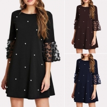 Fashion Lace Spliced 3/4 Sleeve Round Neck Loose A-line Dress
