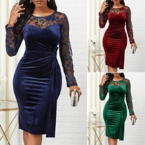 Sexy Lace Spliced Long Sleeve Round Neck Slim Fit Party Dress