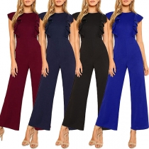 Elegant Solid Color Lotus Sleeve Round Neck High Waist Slim Fit Jumpsuit
