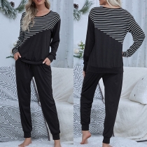 Fashion Striped Spliced Long Sleeve T-shirt + Pants Home-wear Two-piece Set