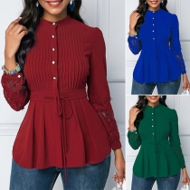 Fashion Lace Spliced Long Sleeve Stand Collar Solid Color Shirt