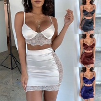Sexy Backless V-neck Lace Spliced Sling Crop Top + Skirt Two-piece Set