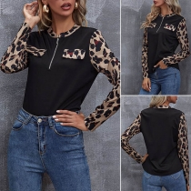 Fashion Leopard Printed Spliced Long Sleeve Round Neck T-shirt