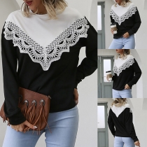 Fashion Contrast Color Long Sleeve Round Neck Lace Spliced T-shirt