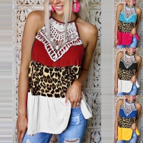 Fashion Contrast Color Leopard Spliced Sling Top