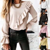 Fashion Solid Color Trumpet Sleeve Round Neck Ruffle Top