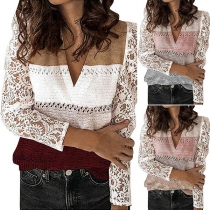 Fashion Lace Spliced Long Sleeve V-neck Contrast Color Knit Top