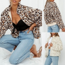 Fashion Long Sleeve Stand Collar Leopard Printed Plush Coat