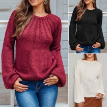 Fashion Solid Color Lantern Sleeve Round Neck Sweater