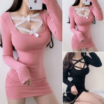 Sexy Lace Spliced U-neck Long Sleeve Solid Color Slim Fit Dress