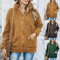 Fashion Solid Color Long Sleeve Stand Collar Plush Coat