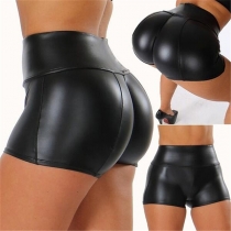 Fashion Solid Color High Waist Slim Fit PU Leather Shorts