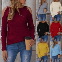 Sexy Off-shoulder Long Sleeve Round Neck Beaded Knit Top