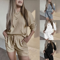 Fashion Solid Color Long Sleeve HoodedT-shirt + Shorts Home-wear Two-piece Set