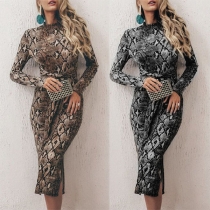 Fashion Long Sleeve Round Neck Serpentine Printed Slim Fit Dress