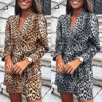 Sexy V-neck Long Sleeve Irregular Hem Leopard Printed Dress