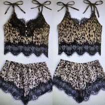 Sexy Lace Spliced Leopard Printed Sling Top + Shorts Lingerie Set