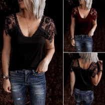 Sexy Lace Spliced Short Sleeve V-neck Solid Color T-shirt