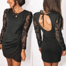 Sexy Backless Lace Spliced Long Sleeve Round Neck Slim Fit Dress