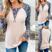 Fashion Printed Spliced Long Sleeve Round Neck Knit Top