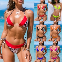 Sexy Leopard Printed Spliced Halter Bikini Set