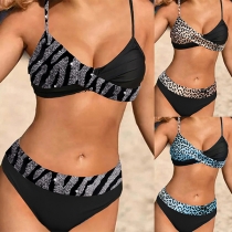 Sexy Leopard Spliced Contrast Color Bikini Set
