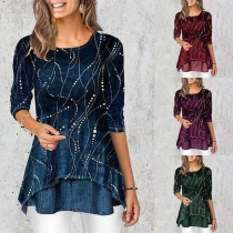 Fashion 3/4 Sleeve Round Neck Irregular Hem Printed T-shirt