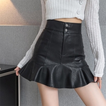 Fashion High Waist Ruffle Hem Slim Fit PU Leather Skirt