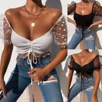 Sexy Gauze Spliced Puff Sleeve Square Collar Crop Top