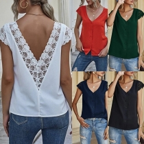 Sexy Backless Lace Spliced Short Sleeve V-neck Solid Color Top